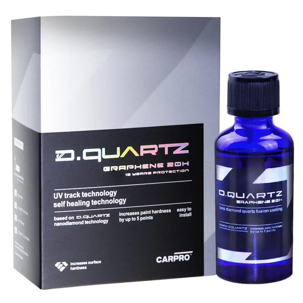 D.Quartz graphene 2.0H car care product packaging with blue bottle and box on a white background