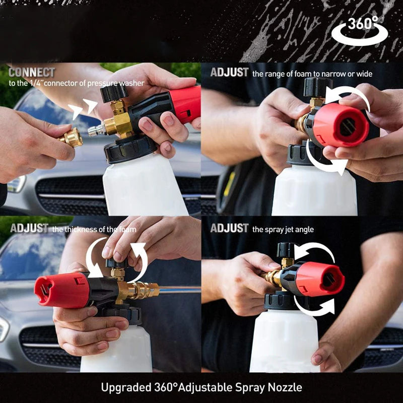 Snow Foam Cannon Heavy Duty Snow Foam Gun Sprayer Car Foam Blaster Wide Neck Adjustable Thick Foamer with 1/4 Quick Connector 1L